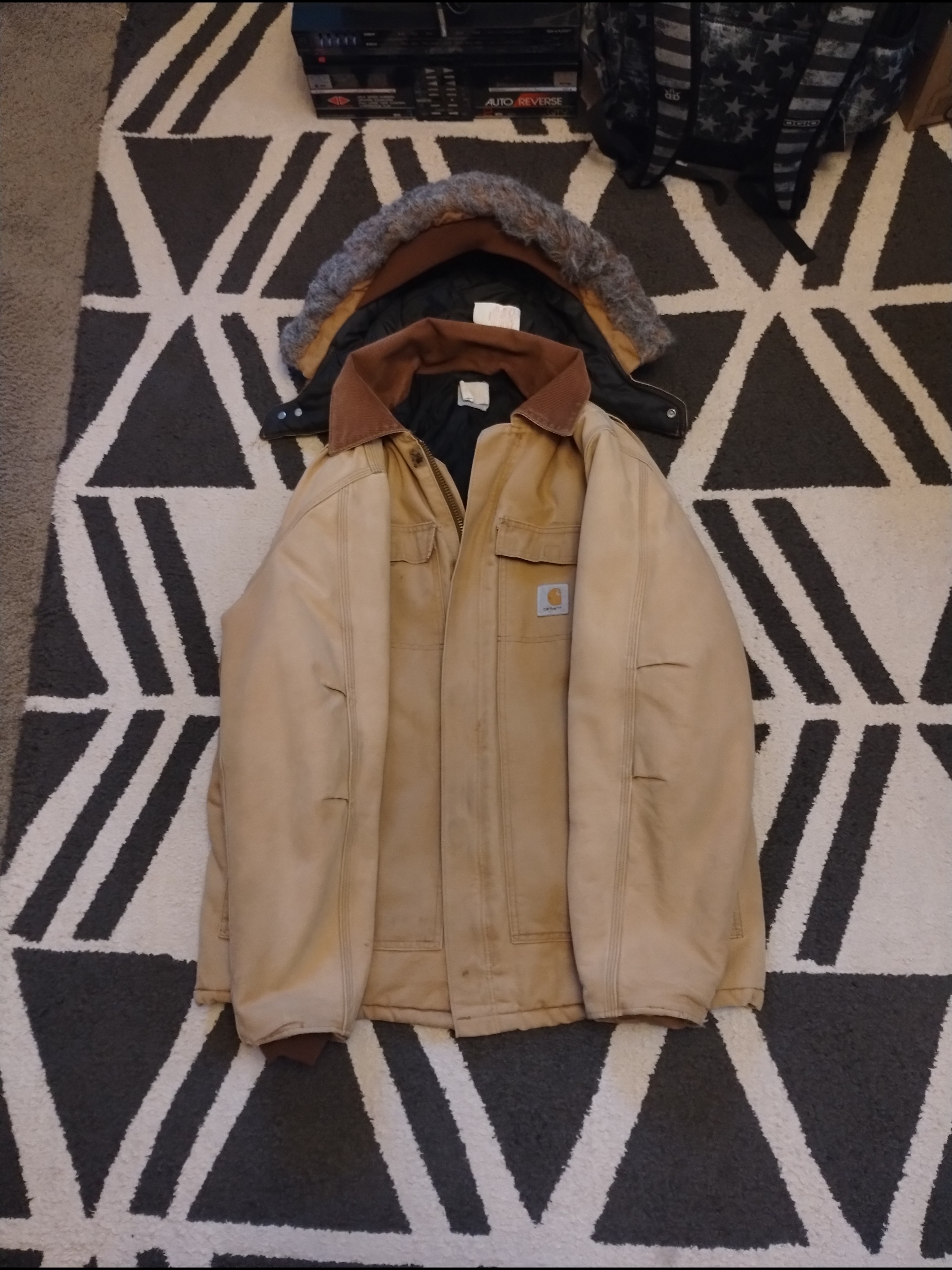 90s Vintage Carhartt Brown Arctic Chore Coat Size 40 Faded W/ Matching Hood